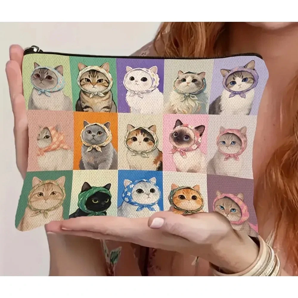Babushka Cat Print Cosmetic Bag Women Multicolor Whimsical New